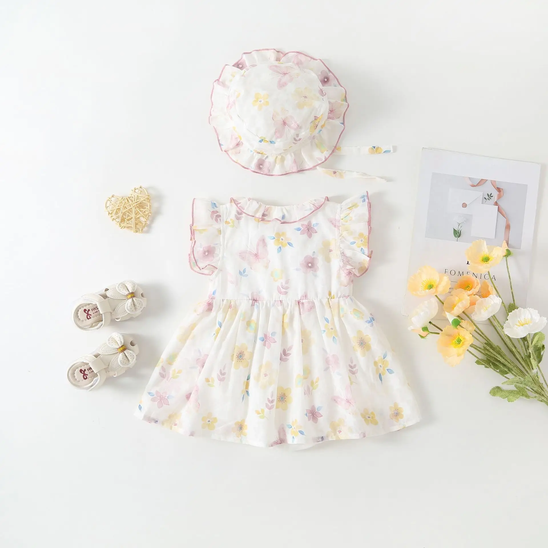 Children's Chinese style little cheongsam short-sleeved dress girl floral hat two-piece set baby climbing suit