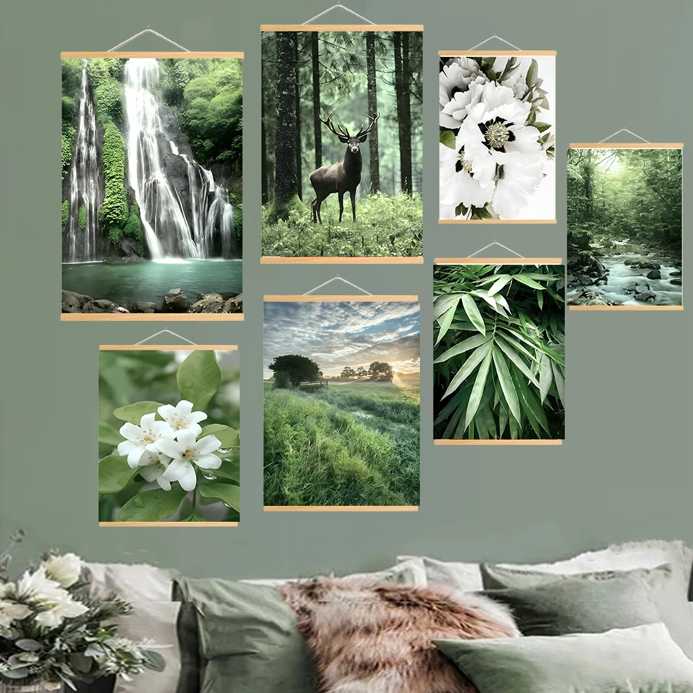 Wood Hanging Scroll Painting Green Forest Poster Wild Deer Waterfall Stream Flower Leaf Spring Print Nature Landscape Picture Ar
