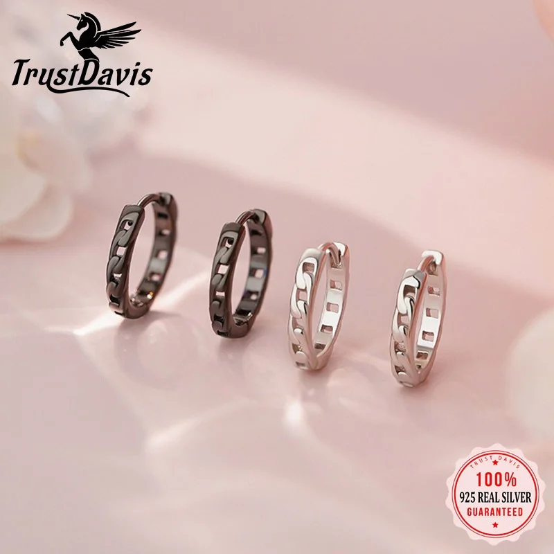 

TrustDavis 925 Sterling Silver Chain Link Huggie Hoop Earrings Minimalist Trendy Edgy Dainty Shiny Hollow Cutout Jewelry DS3960
