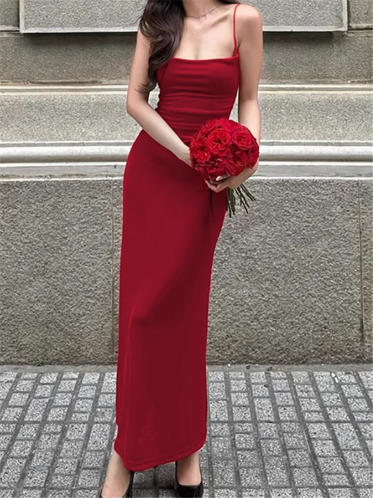 فتاة حار مثير أحمر أسود مائل الرقبة فستان طويل زلة عطلة الصيف بلا أكمام عبر الأشرطة عارية الذراعين قلم رصاص الحمالة فستان