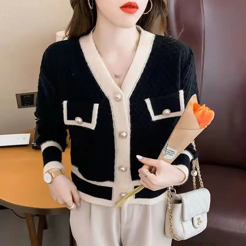 Women Korean Style Contrast Color Sweet Kawaii Chic Button Knitted Cardigan Casual V Neck Long Sleeve Loose Elegant Sweater Coat