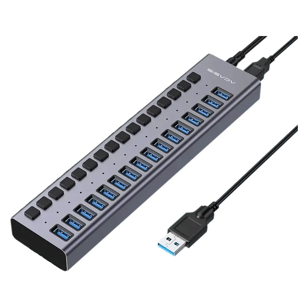 Hub USB Acasis 16/10/7 portów 10Gbps z indywidualnymi przełącznikami, ładowaniem i transferem danych do PC, laptopa, stacji roboczej, rozszerzenie możliwości połączenia wielu urządzeń. — zdjęcie produktu 7