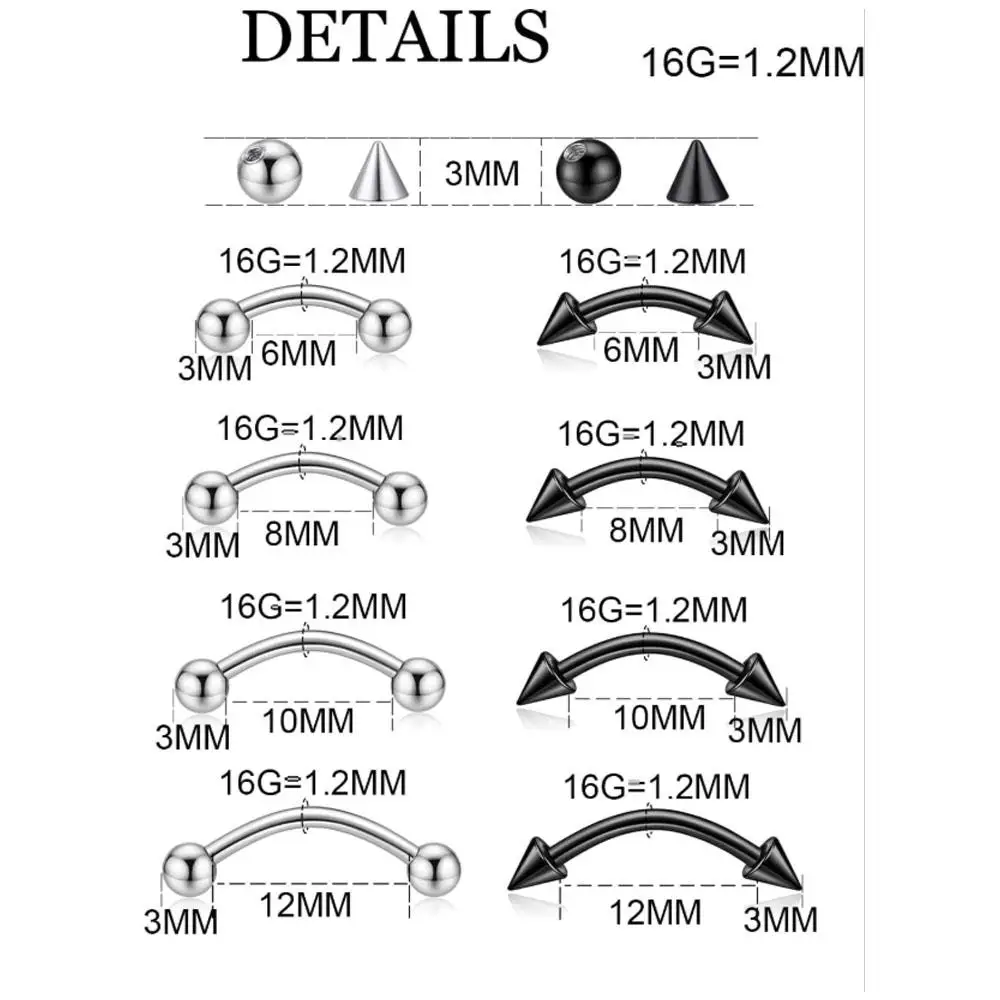 1/33PCS Set Eyebrow Piercing Jewelry Replacement Balls and Spike Curved Barbell Piercing Jewelry Lip Jewelry Rook Piercing