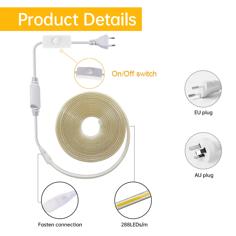 AC220V COB LED Strip Light 288LEDs/m IP65 Waterproof with ON/OFF Scce53981a2aa471fb2609d2bea4ea76ay