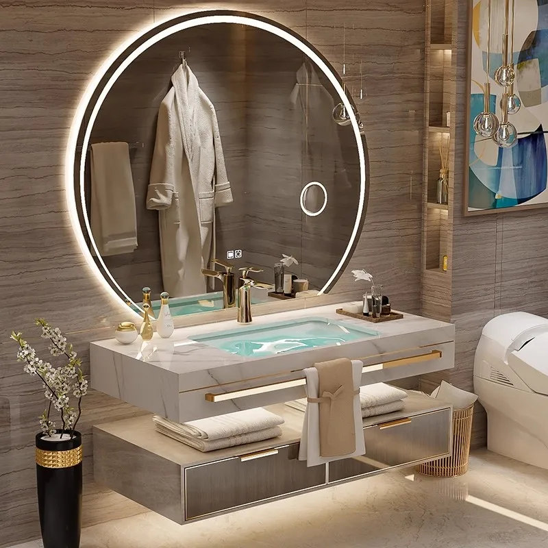 Y  Nordic light luxury solid wood rock board seamless basin bathroom cabinet intelligent face washing bathroom cabinet