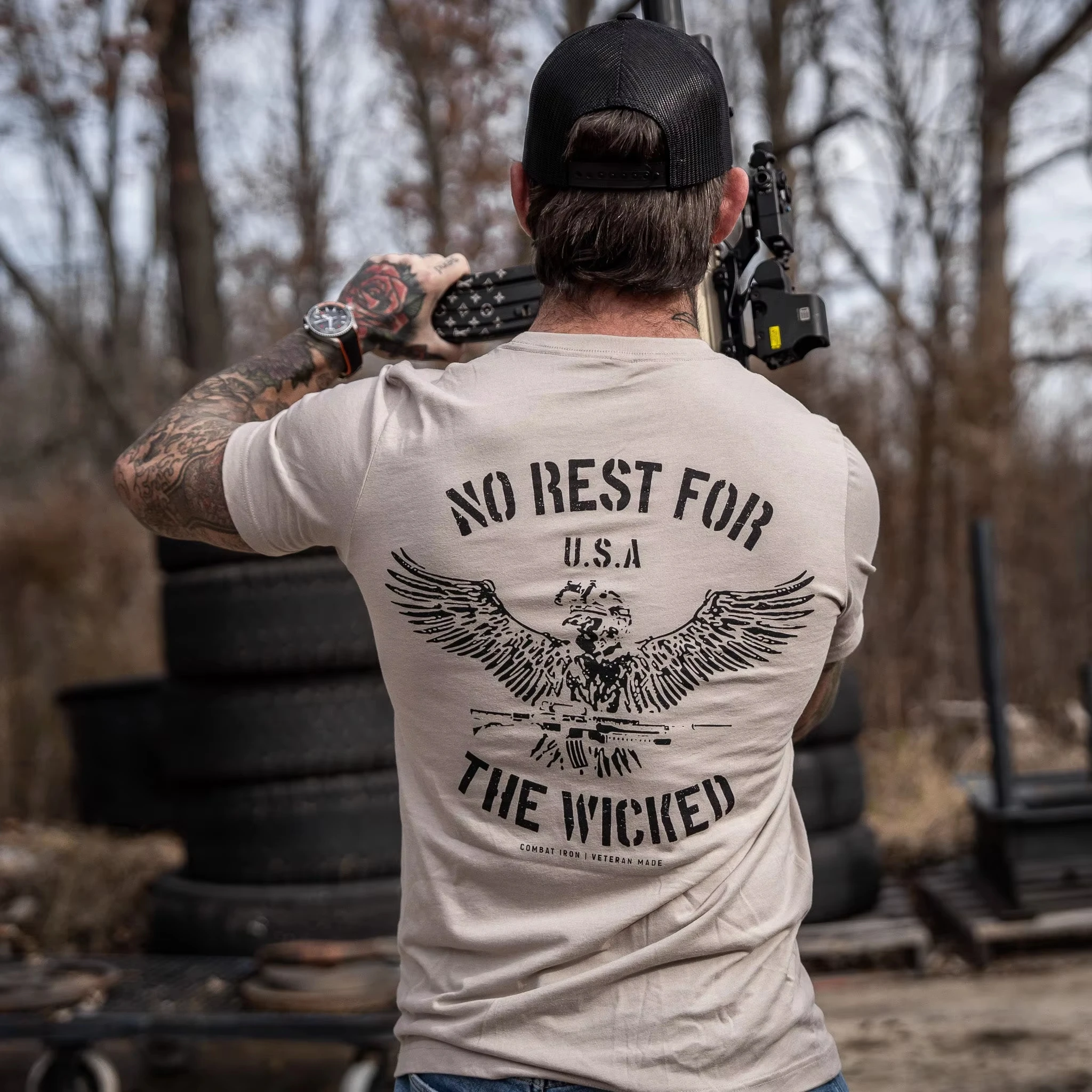 Back‑side White Eagle Firearm Graphic with No Rest for The Wicked Slogan and USA Mark Unisex T‑shirt