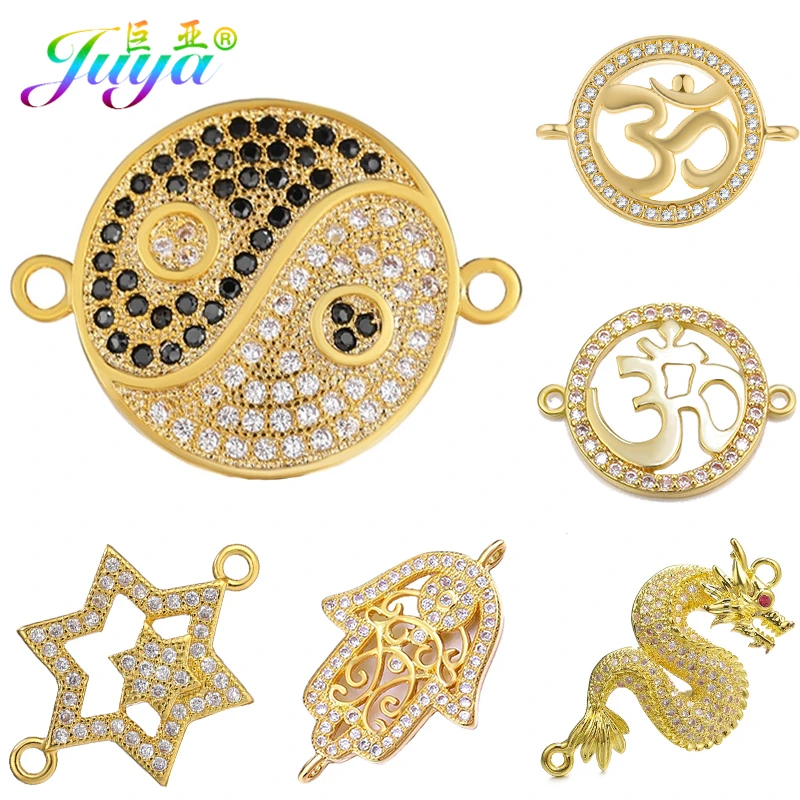 Juya 18K Gold Plated Decorative Yoga Om Star of David Hamsa Dragon Yin Yang Charms Connectors For DIY Talisman Jewelry Making