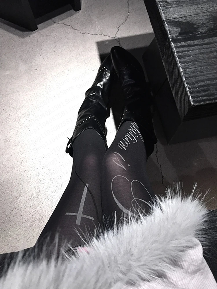 Fashionable letter print Y2K style tight punk black sexy pantyhose Gothic Lolita cute casual socks Emo girl retro 2000s punk image 5