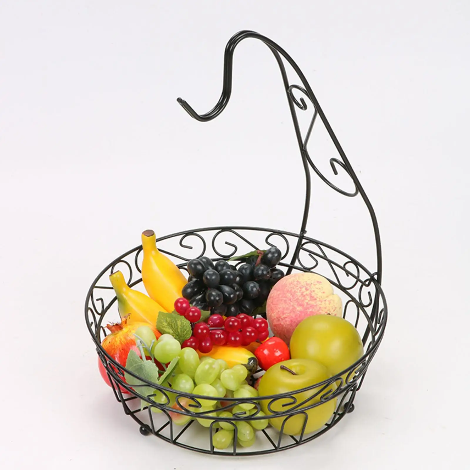 Rustic Metal Wire Fruit Basket with Banana Hanger for Fruit and Vegetables Hollow Construction Removable Decorative Open Black