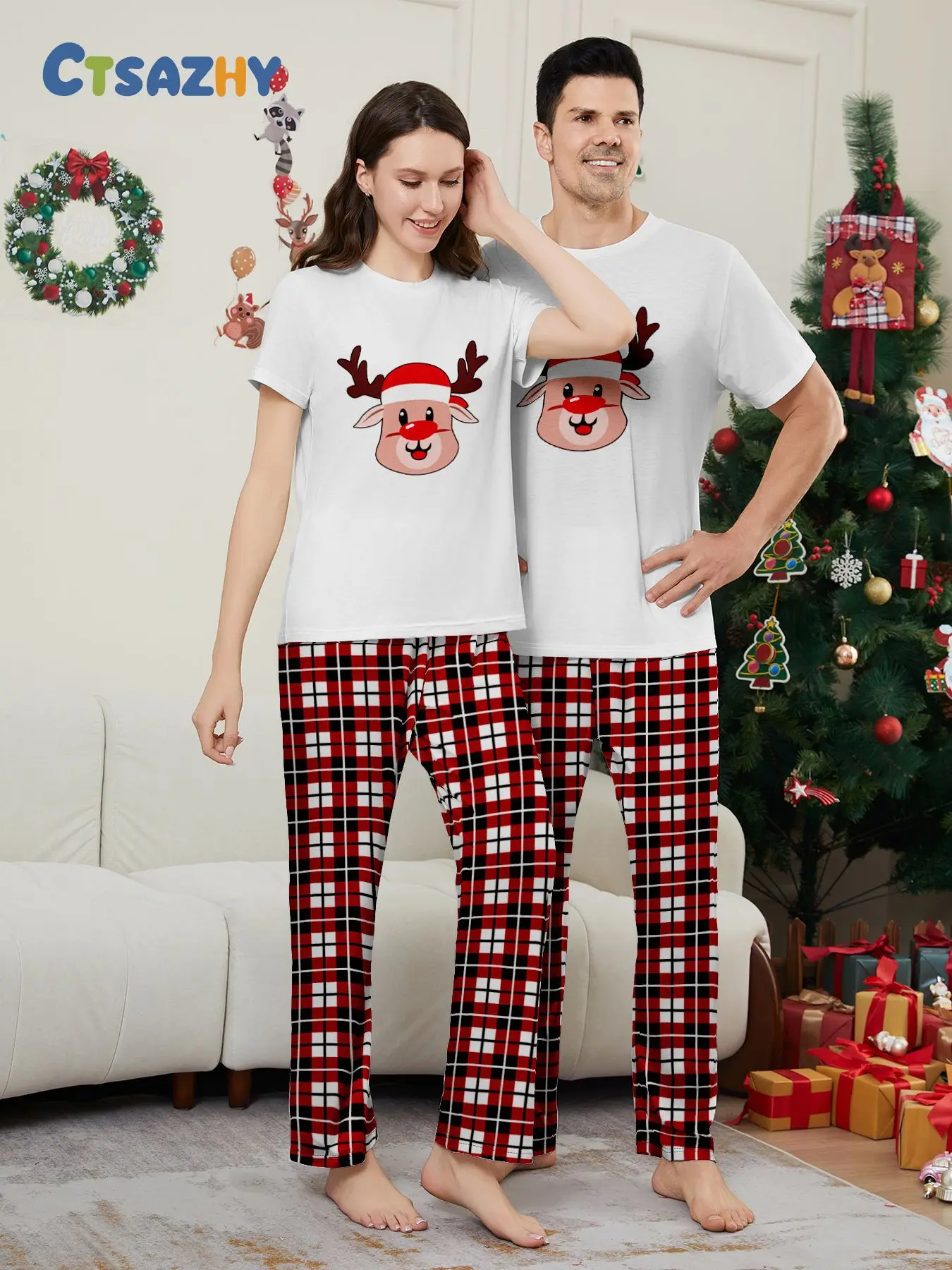 Summer Christmas Family Matching Outfits Reindeer Print Cute Pajamas Set 2 Pieces Suit Soft Loose Sleepwear Xmas Look Pyjamas