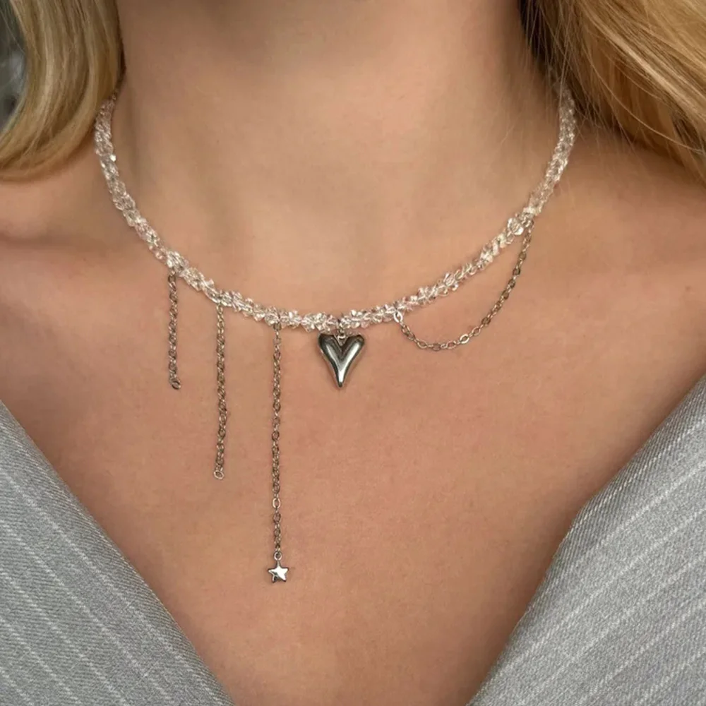 Retro Cute Heart Chain Flowing Pendant Necklace 2026 Simple Creative Sweet Crystal Bead Girl Fashion Birthday Jewelry