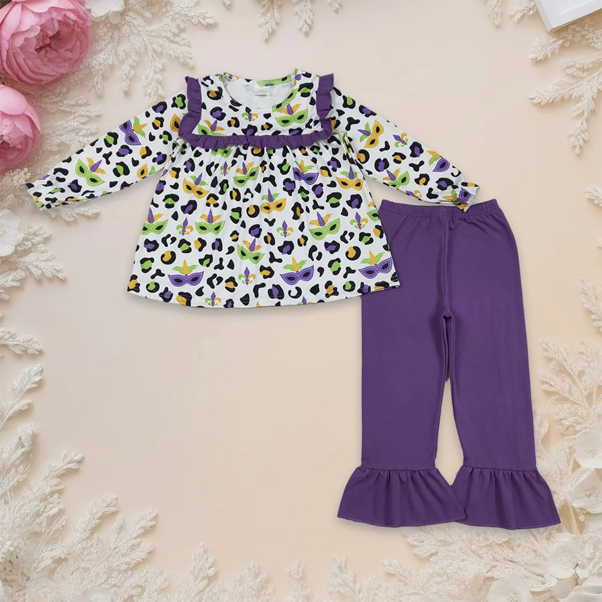 

Baby Girl Long Sleeve Mardi Gras Leopard Masks Tunic Kids Set Toddler Ruffle Pants Clothes Outfit Children Clothing Wholesale