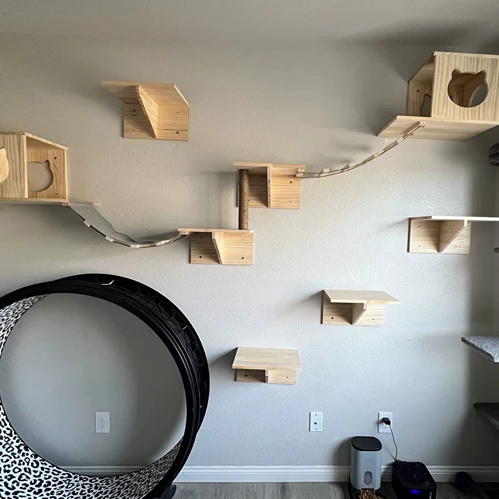 

Cat Trees Cat Climbing Stairs Wall Mounted Wooden Cats Shelves Scratching Post with Sisal Rope for Indoor Kitten Playing sleep