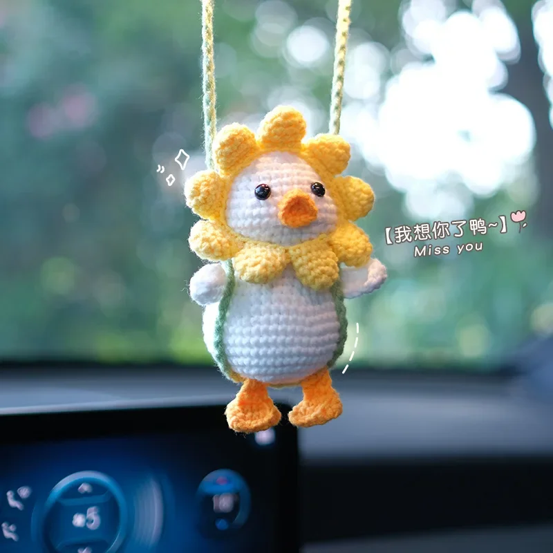 Ręcznie robiony szydełkowany śliczny Swing kaczka naklejka na samochodowe lusterko wsteczne wiszący Ornament, szczęśliwy wystrój wnętrza do zawieszenia samochodu