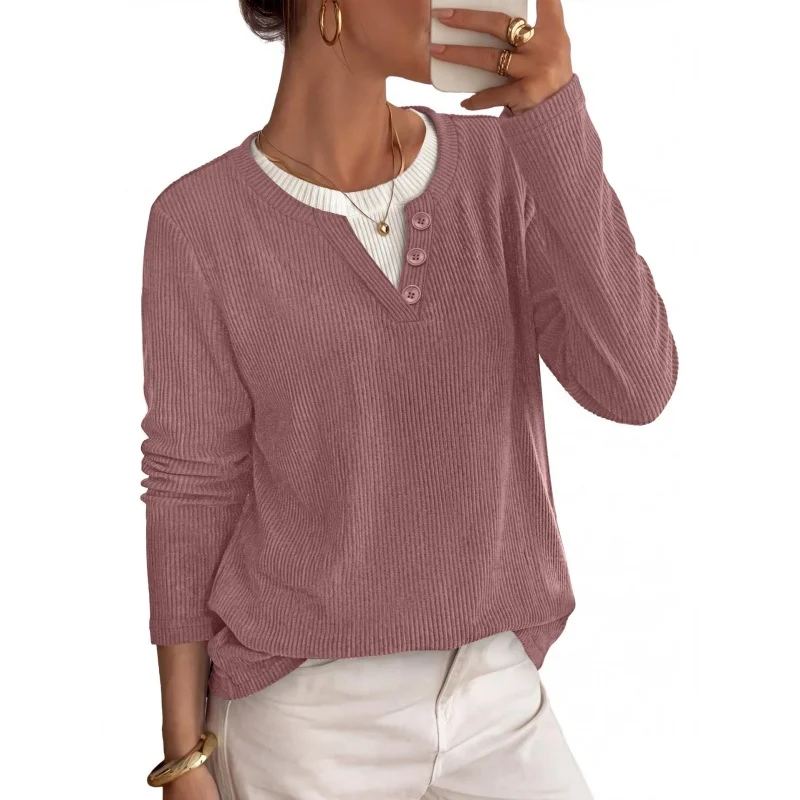 2026 Autumn New Women's T-shirt Long Sleeve O-Neck Button Imitation Sweater Fake Two Piece Color Blocked Pit Strip Loose Top