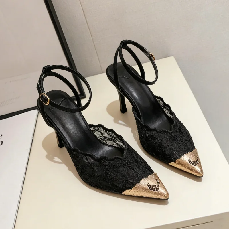 

Сексуальные кружевные туфли на высоком каблуке с вырезами, французские остроносые туфли-стилеты для женщин, для вечеринок, клубов, свадеб, банкетов, с ремешком на щиколотке, большие размеры