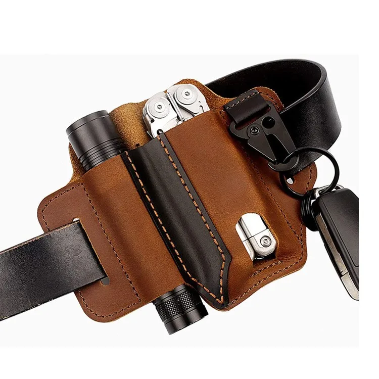 With Buckle EDC Outdoor Genuine Cowhide Leather Tool Knife Sheath Pockets Tactical Multitool Belt Holster Storage Bag Camping