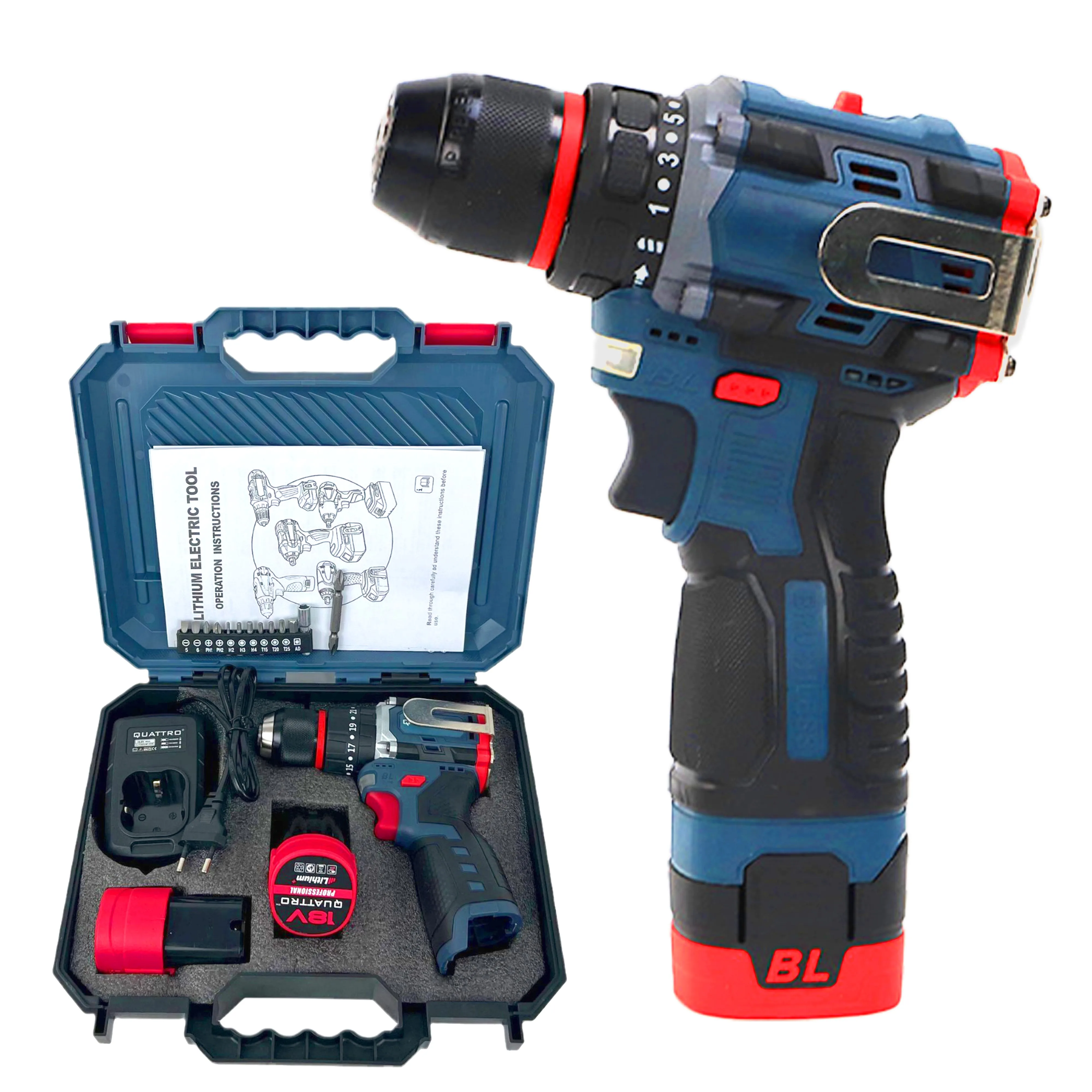 16V Cordless Electric Drill Set Charging Power Source Keyless Chuck 2 Variable Speed 40pcs Drill Bits Built-in Work Light