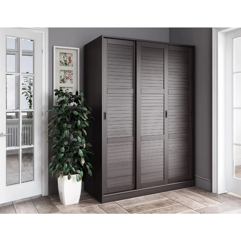 

100% Solid Wood Wardrobe/Armoire/Closet with 3 Sliding Louvered Doors, Java. 5 Shelves Included.