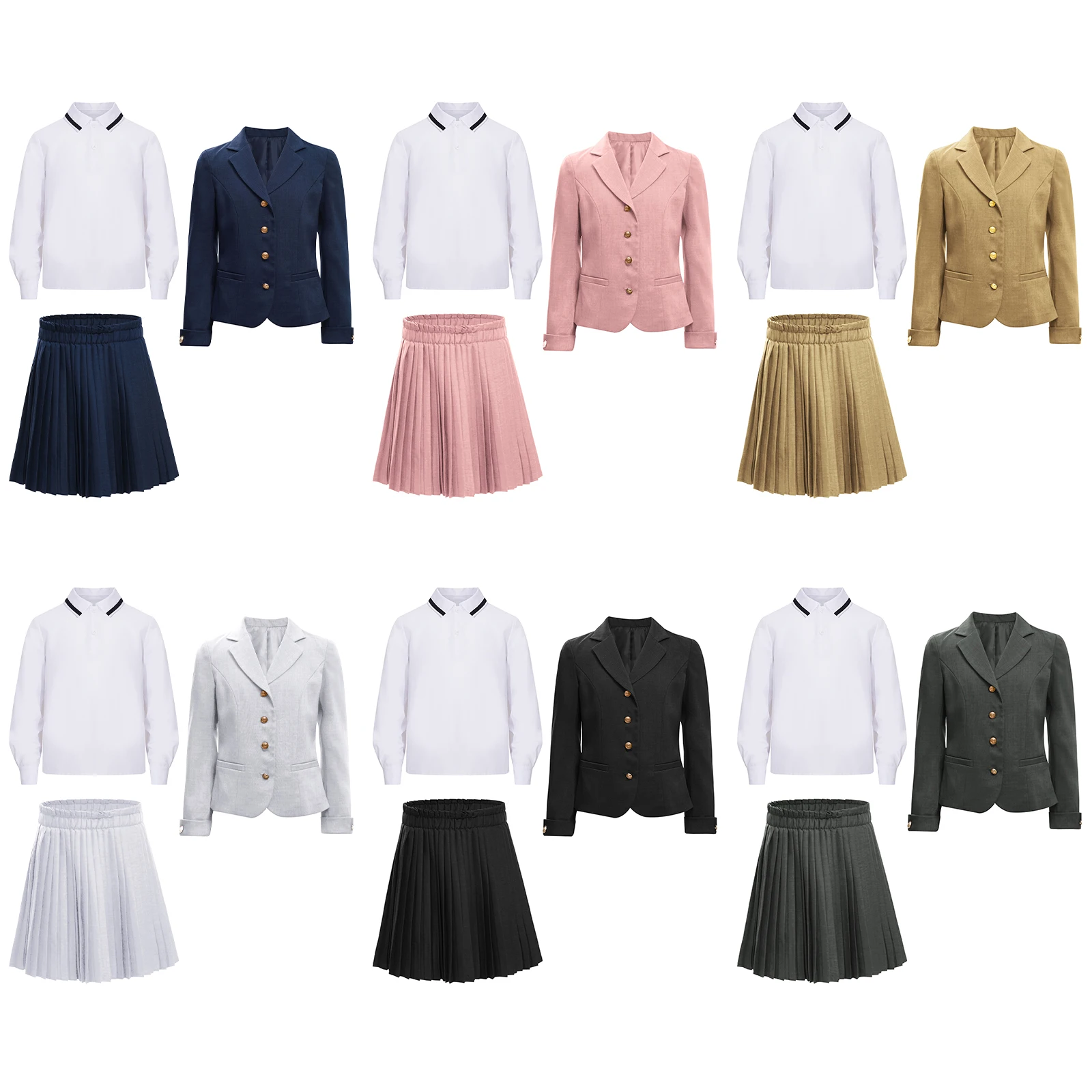 

New Kids Girls School Uniform Lapel Button Down Suit Jacket+Pleated Skirt+Long Sleeve Pullover Shirt Sets for Formal Graduation