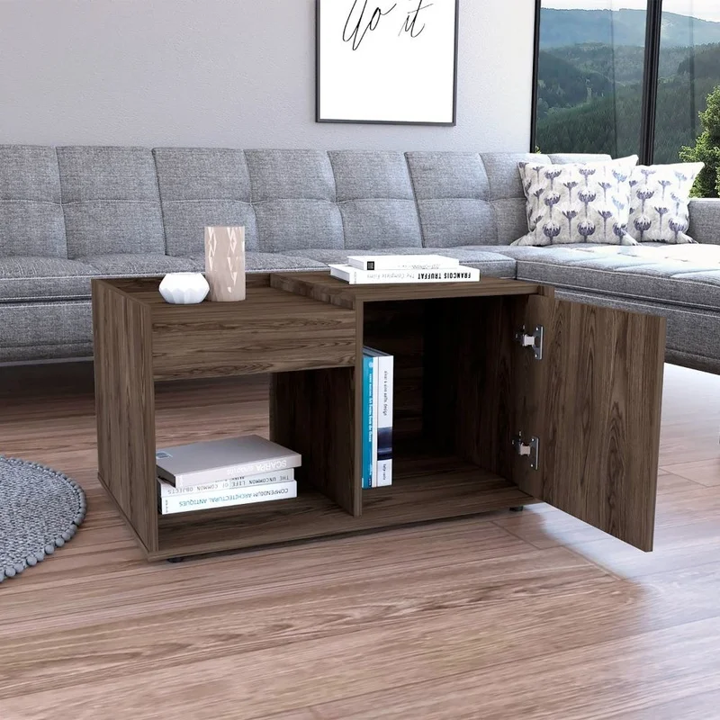 

Coffee Table with Single Door and Open Shelf, Dark Walnut Finish