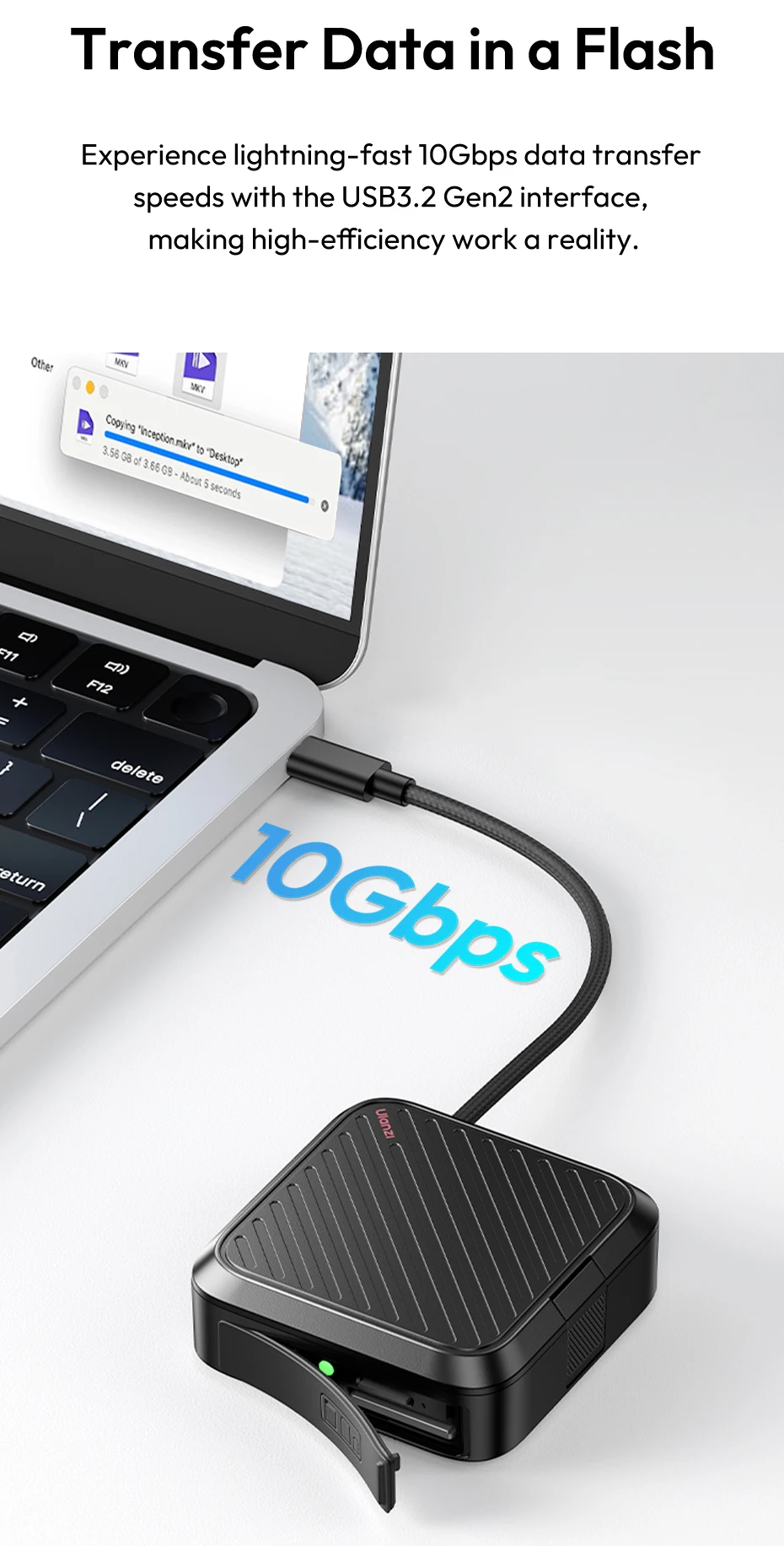 Ulanzi CRC10 3-in-1-Kartenlesergehäuse CFA/SD/TF 13 Kartenhalter mit USB3.2 Gen2-Schnittstelle Hochgeschwindigkeits-Datenübertragungschips – Detail 5