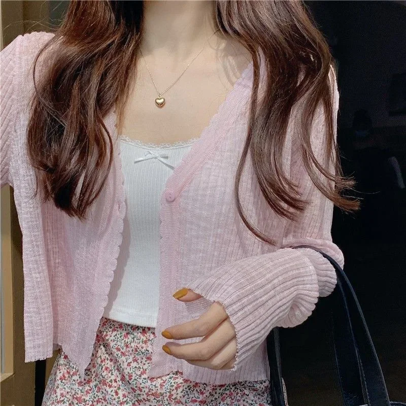 Immortal Qi Thin Style Knitting Cardigan Lady Summer V-neck Ice Shreds Loose Solid Color Short Coat Multicolor Comfortable Tops