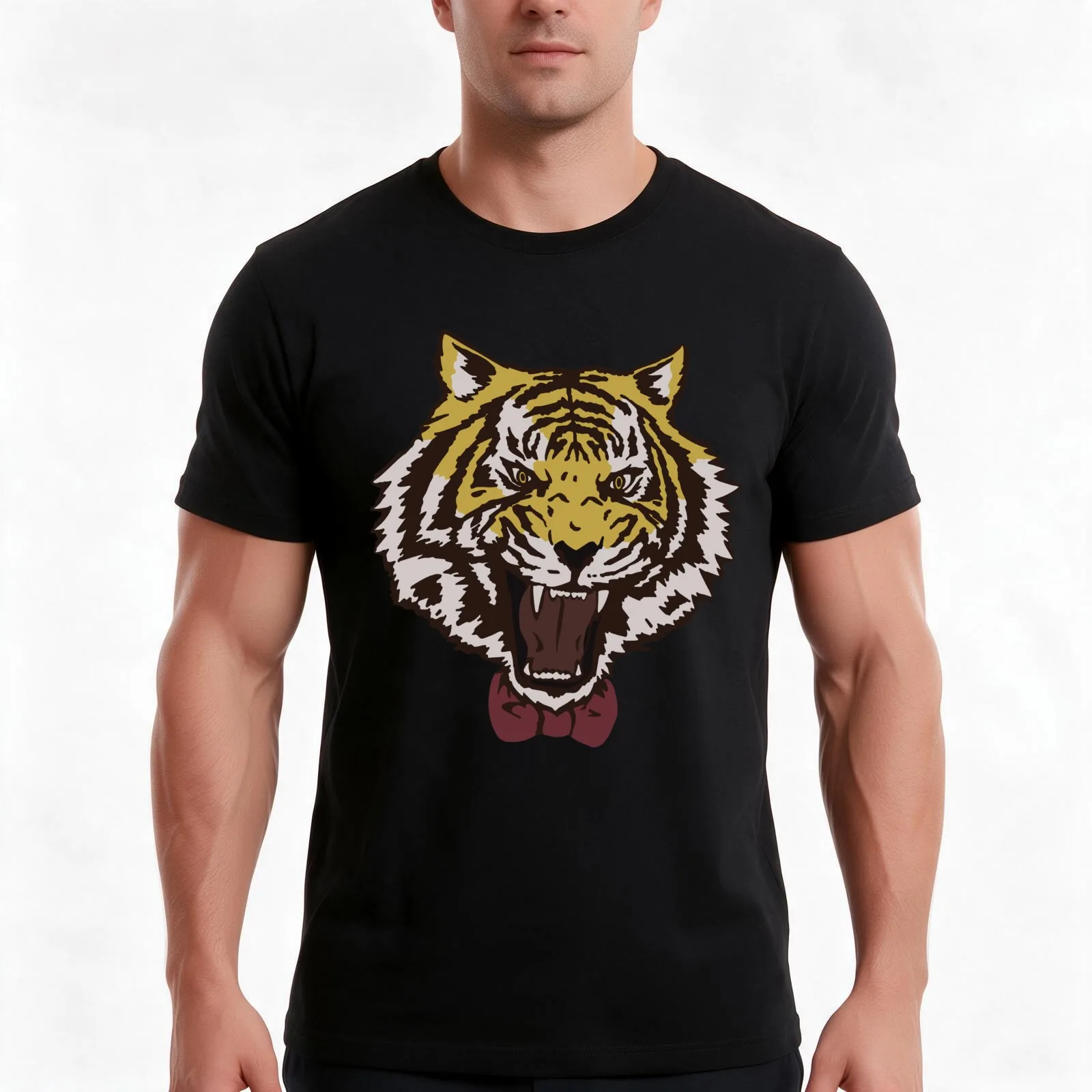 Bow Tie Tiger T-Shirt, Summer Casual Cotton Tee, Oversized Streetwear Tops, Vintage Graphic Print, Loose Fit Short Sleeve