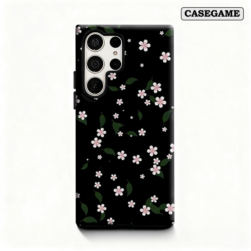 Casegame Phone Case for Samsung Galaxy S25 S26 Ultra S24 S23 Ultra Plus Shockproof Double Layer Black Pink Cherry Blossoms Cover