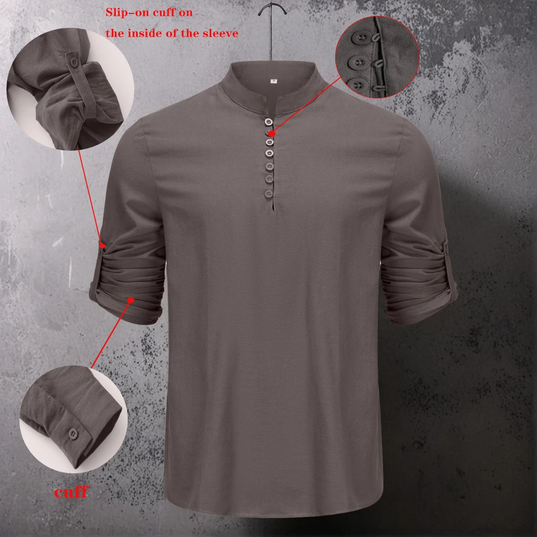 

Men's Cotton Henley Shirt Long Sleeve Stand Collar Beach Yoga Fitness Top Casual Fashion Shirt for Spring Autumn