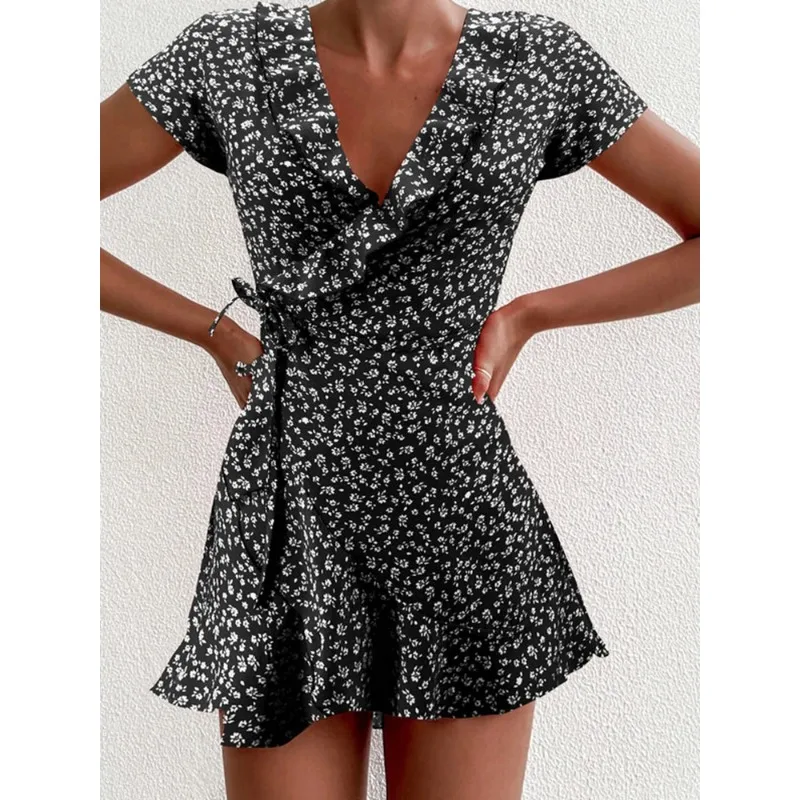 Boho Floral Skirt Print Ruffles Women Dress Summer Sexy V Neck Short SleeveA-Line Dress Mini Dresses Beach Sundress