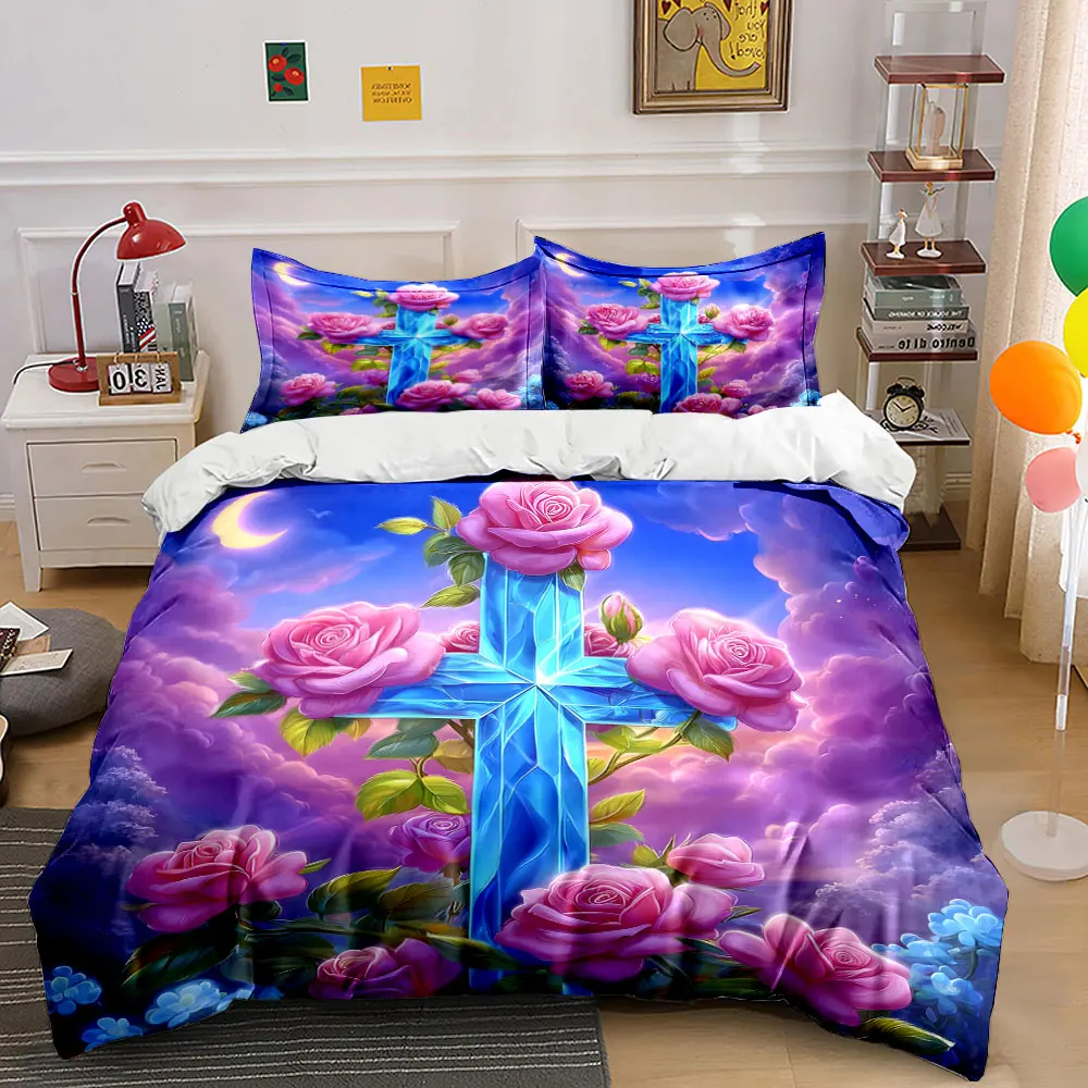 Blue Cross with Pink Roses Print Soft Comfortable Duvet Cover Bedding Set Included 1*Duvet Cover  2*Pillowcases Luxury gifts