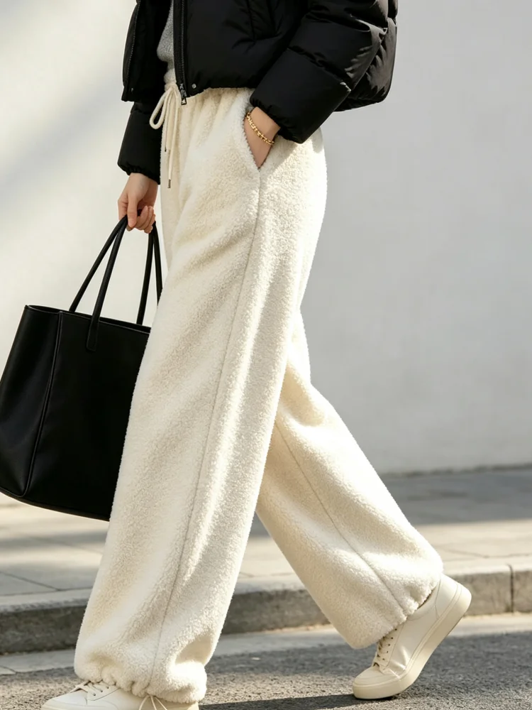 Women Pants Teddy Fleece Wide Leg Trousers, High Waist Drawstring Elastic Waist Cuffed Hem Solid Loose Casual Winter Loungewear