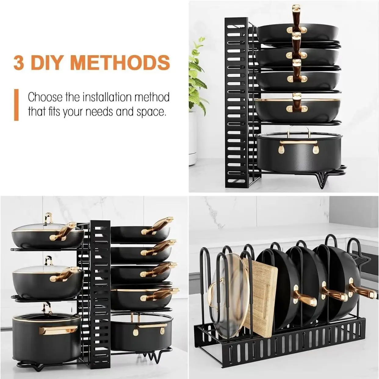 8-Tier Adjustable Pots and Pans Organizer Rack Kitchen Cabinet Storage Shelf Heavy Duty Cookware Bakeware Lid Holder Space Saving Pan Organizers Inside Under Counter with 3 DIY Methods