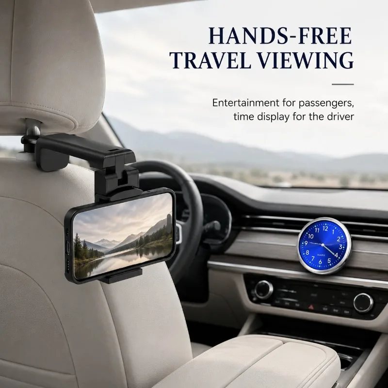 Foldable Airplane Seat Phone Holder Mini Luminous Car Clock Portable Travel Mobile Bracket Small Quartz Watch Car Interior Decor