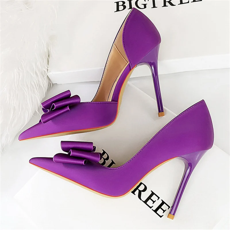 Women 10.5cm High Heels Satin Silk Butterfly Knot Purple Pumps Lady Wedding Bridal Escarpin Blue Green Peach Fashion Party Shoes