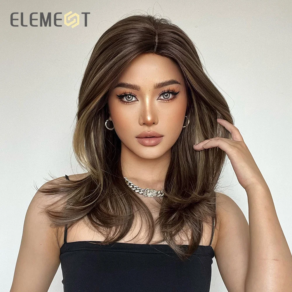 ELEMENT Synthetic Wig Medium Wavy Hair Brown Mixed Blonde Wigs for Women Daily Party Cool Heat Resistant Breathable Headband