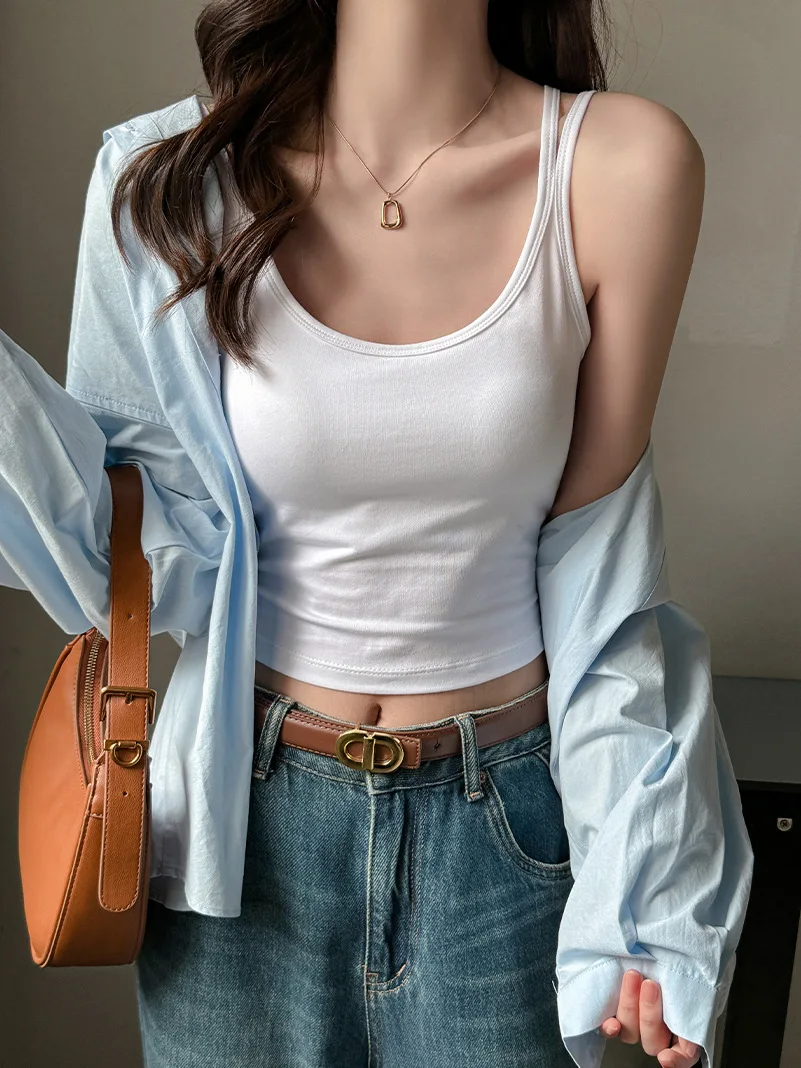 

Женская майка, однотонная, корейская, стильная, с двойными бретелями, сексуальная, с открытой спиной и встроенным бюстгальтером, без рукавов, женские базовые многослойные топы C5977