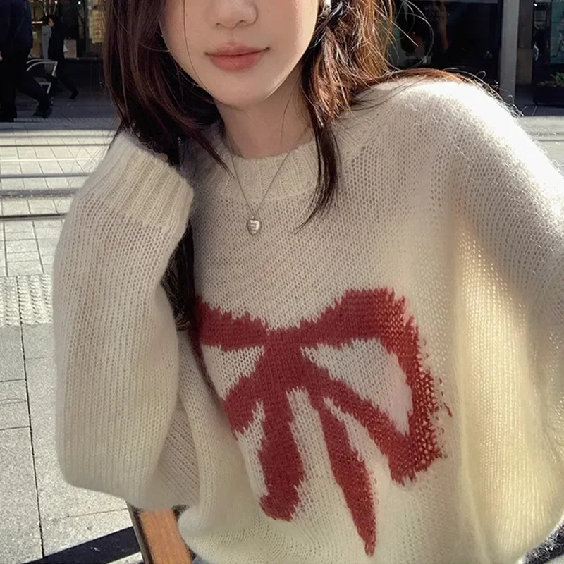 Mengxiang Autumn Angora+Wool Loose-Fit Casual Versatile Age-Reducing Soft And Supple Bow Jacquard Sweater Crew Neck Thin