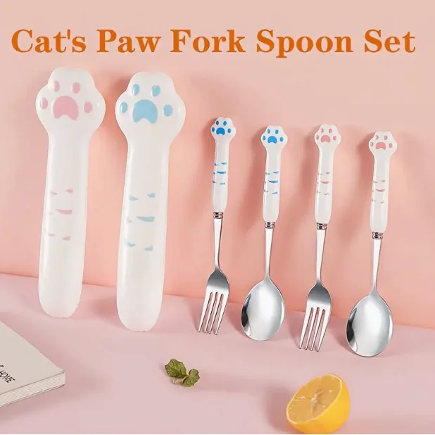 

Portable Tableware Cute Cat Paw Shaped Dinnerware Kit For Adults Kids School Stainless Steel Spoon And Fork Set With Storage Box