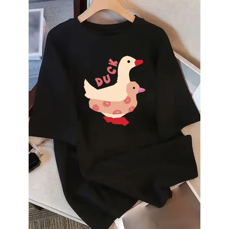 Funny Duck Stack Print Casual Short Sleeve T-Shirt Cute Cartoon Duck Loose Fit Crew Neck Top for Daily Wear Streetwear Vacation