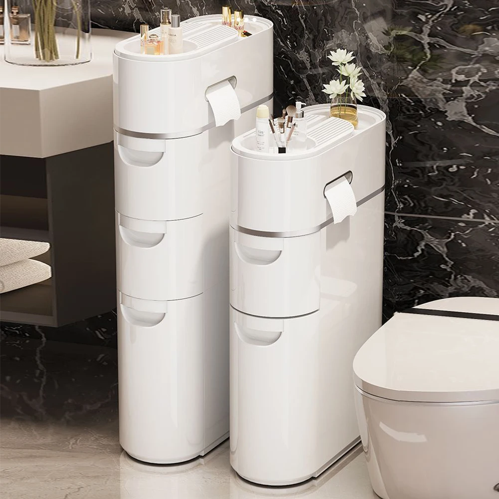 

Plastic Storage Cabinet with Wheels Free Standing Floor Cabinet Large Capacity Slim Bathroom Storage Cabinet Bedroom Accessories