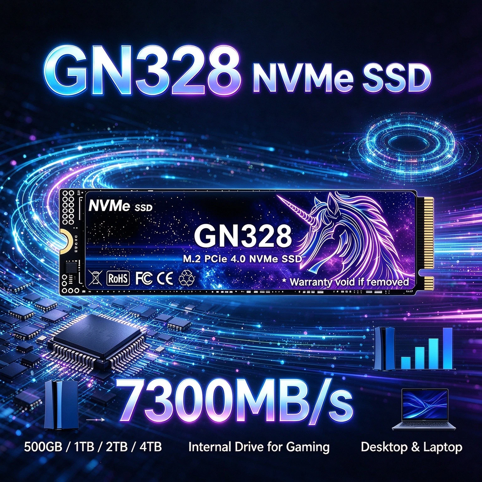 4TB 7300MB/s GN328 NVMe SSD PCIe 4.0 M.2 2280 Speed You Can Feel Internal Drive PS5 Desktop Laptop PCIe 4.0 High Speed