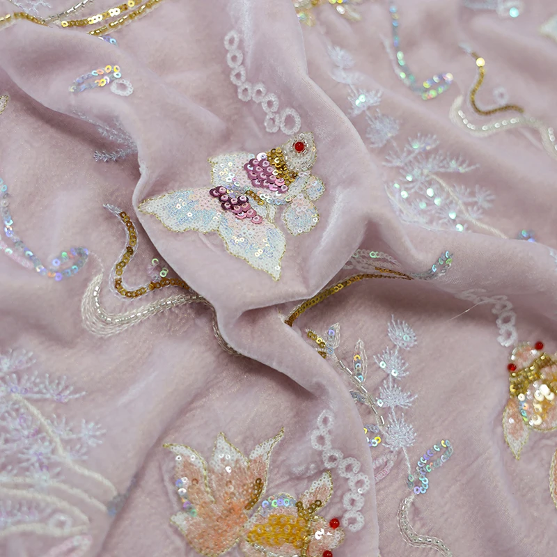 Pink Purple Underwater World Silk Velvet Heavy Industry Nail Bead Embroidery Fashionable Vest Jacket Luxury Silk Fabric 135 Wide