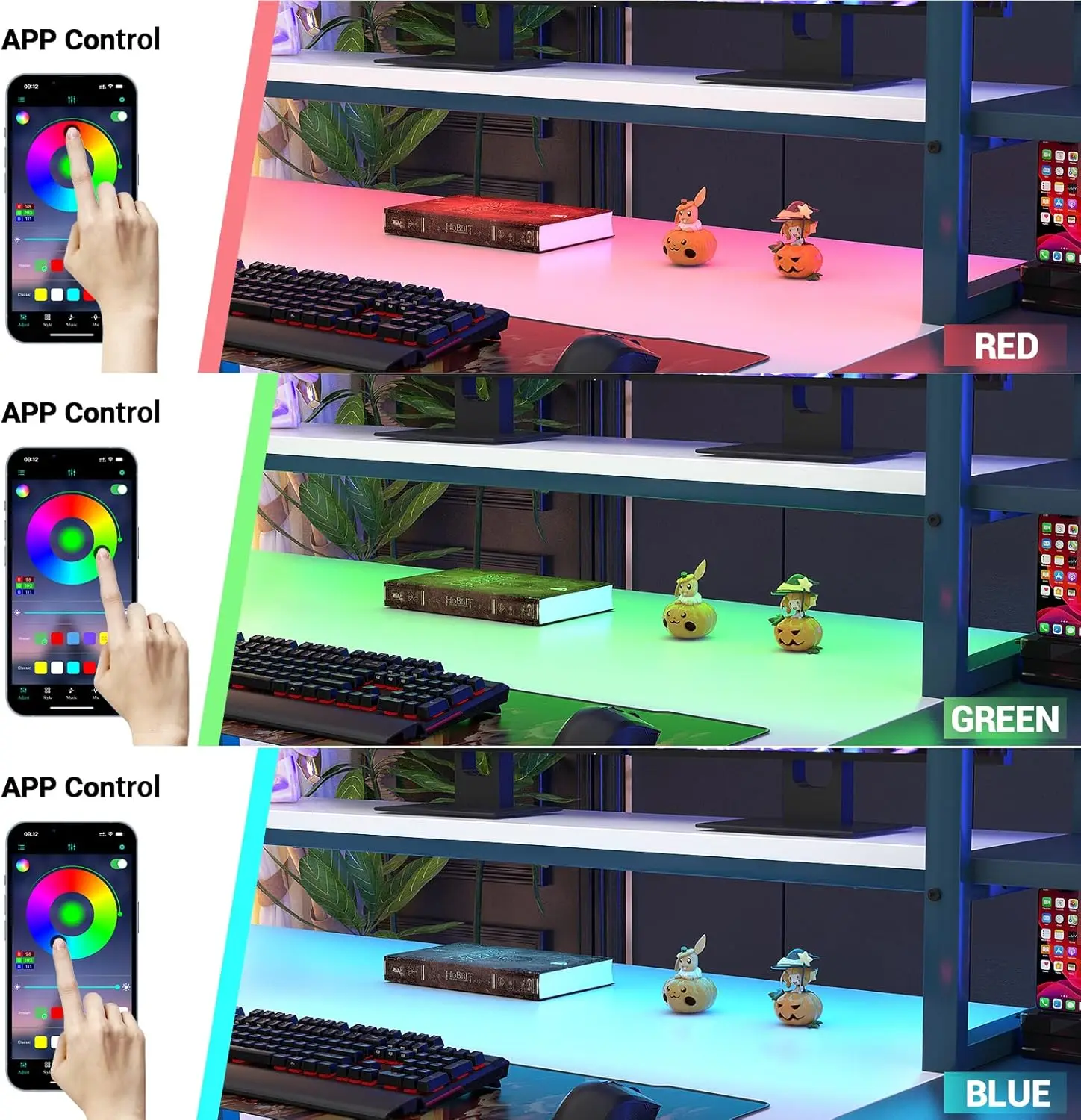 2024 Upgrade Gaming Desk with LED Lights, Computer Desk with Long Monitor Stand, 40"/47.2'' Reversible Laptop Table with Storage