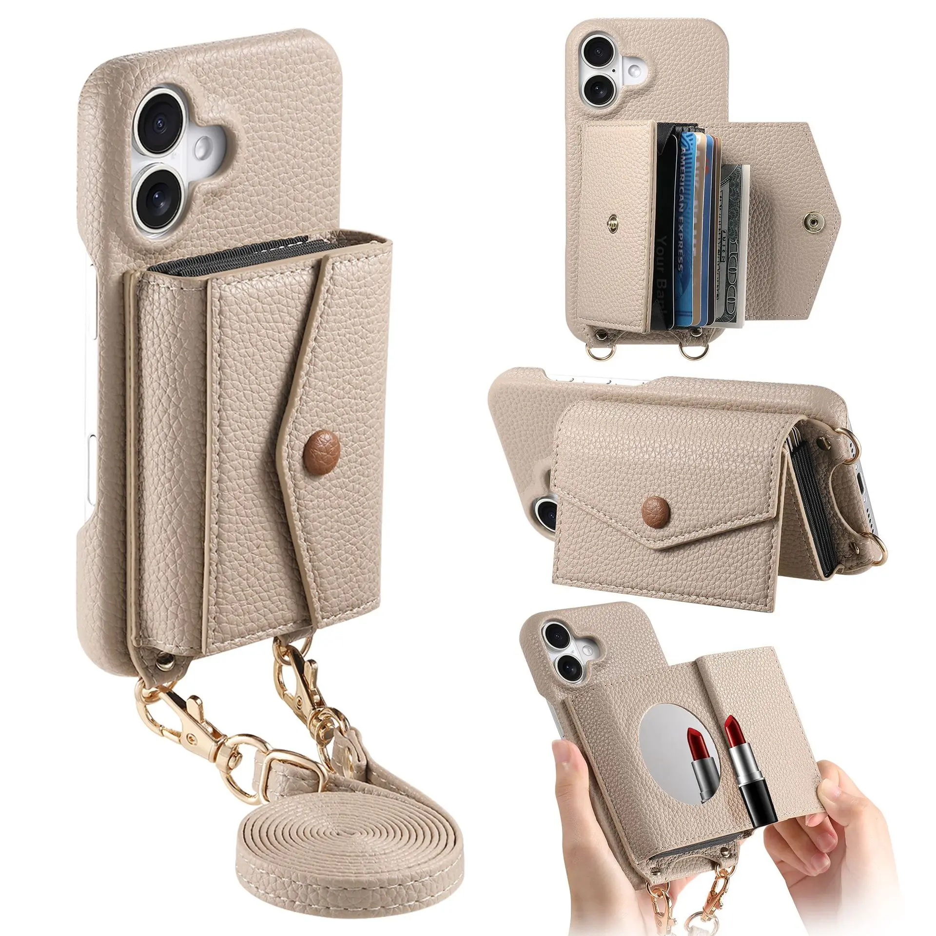 PU Leather Wallet Card Holder Crossbody Lanyard Case For  iPhone 11 12 13 14 15 16 17 Pro Max 16 Plus Mirror Shockproof Cover