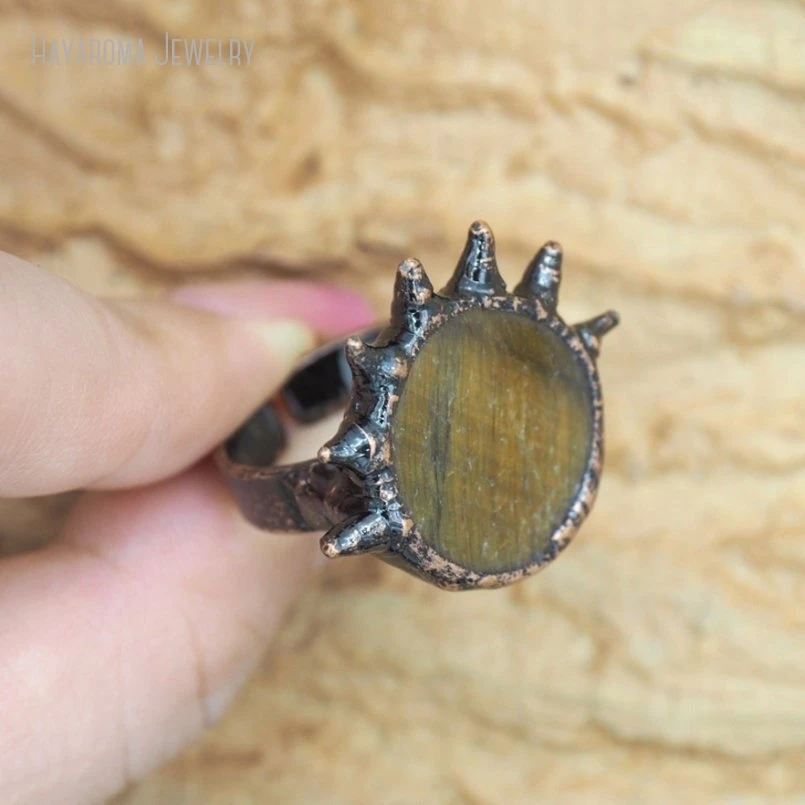 10Pcs Stone Tiger Eye Soldered Brutalist Y2k Handmade Vintage Wholesale Tin Alloy Antique Bronze Color Ring RM51087