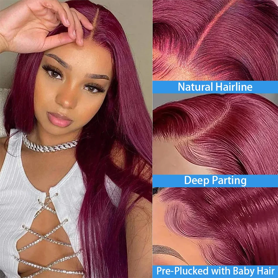 Burgundy Straight 13x6 HD Lace Frontal Wigs Human Hair 30 40 42 Inch 99j Red Colored 13x4 Transparent Lace Front Human Hair Wigs