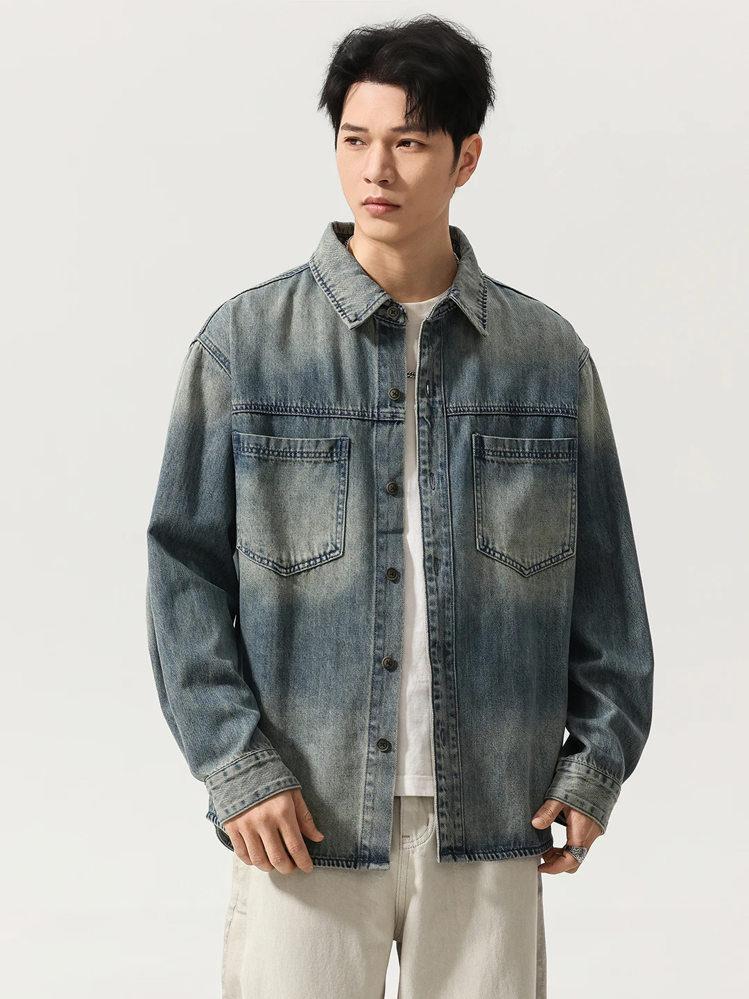 

Retro American Waed Men's Denim irt Spring 2026 Loose Large Size Workwear Jaet Trendy Button-Up Cotton Polyester Blend