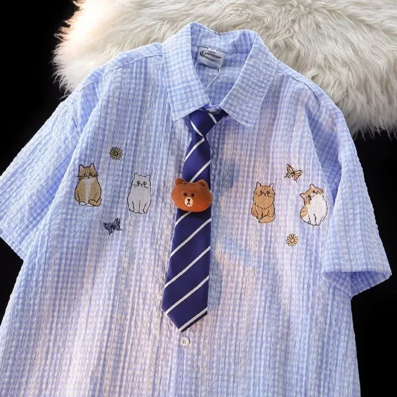 

Japanese high street men and women trendy personality grid polo tie cat short sleeved shirt summer couple loose retro casual top
